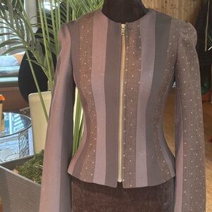 John Galliano blazer - lined- striped mixed pattern - gold zipper- pinched waist